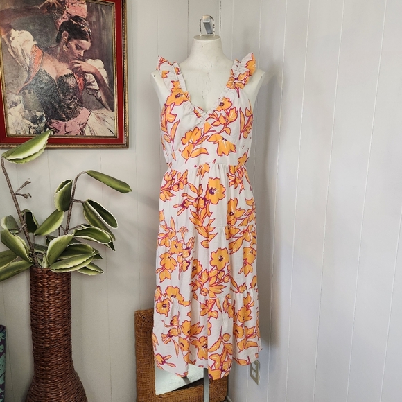 Monteau Los Angeles Orange Floral Tiered Ruffle Midi Dress Womens Size Large New - Picture 2 of 10